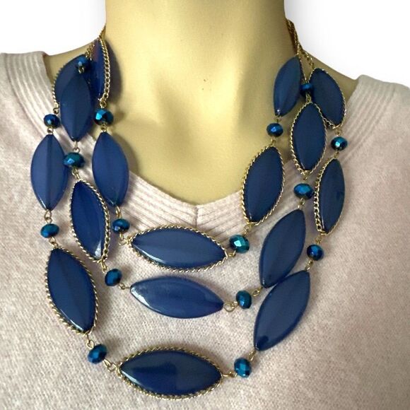 Three Strands Layered Blue Oval Shape Womens Necklace with Blue Crystal Spacer - Picture 3 of 8